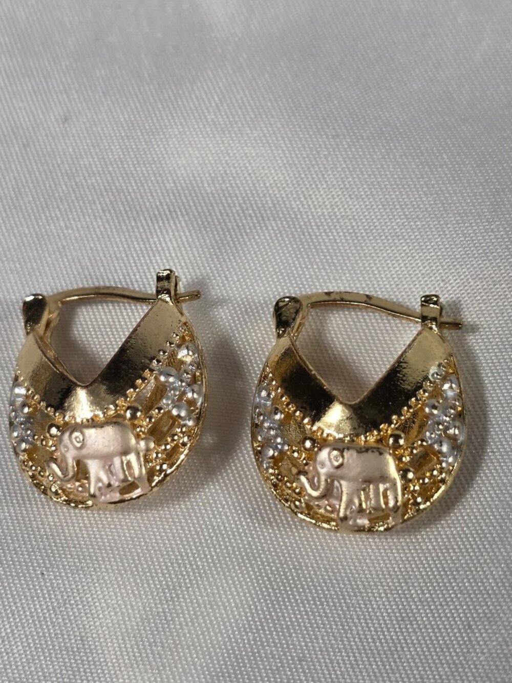 Tri-Color Elephant Basket-Style Hoop Earrings Gold Tone & White Filigree Design